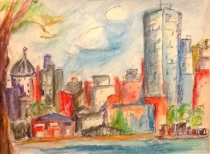 "Brooklyn the Gorgeous" (seen from the East River, Manhattan) (ink pencils, watercolor on paper)