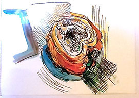 Orange Pepper, cut in half by Miriam Mondlin (watercolor, pens, ink pencils on paper)